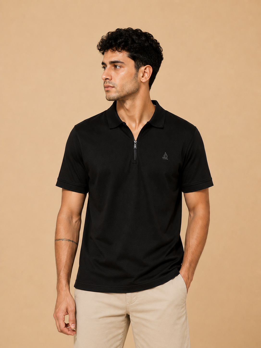 Black zip-up polo shirt