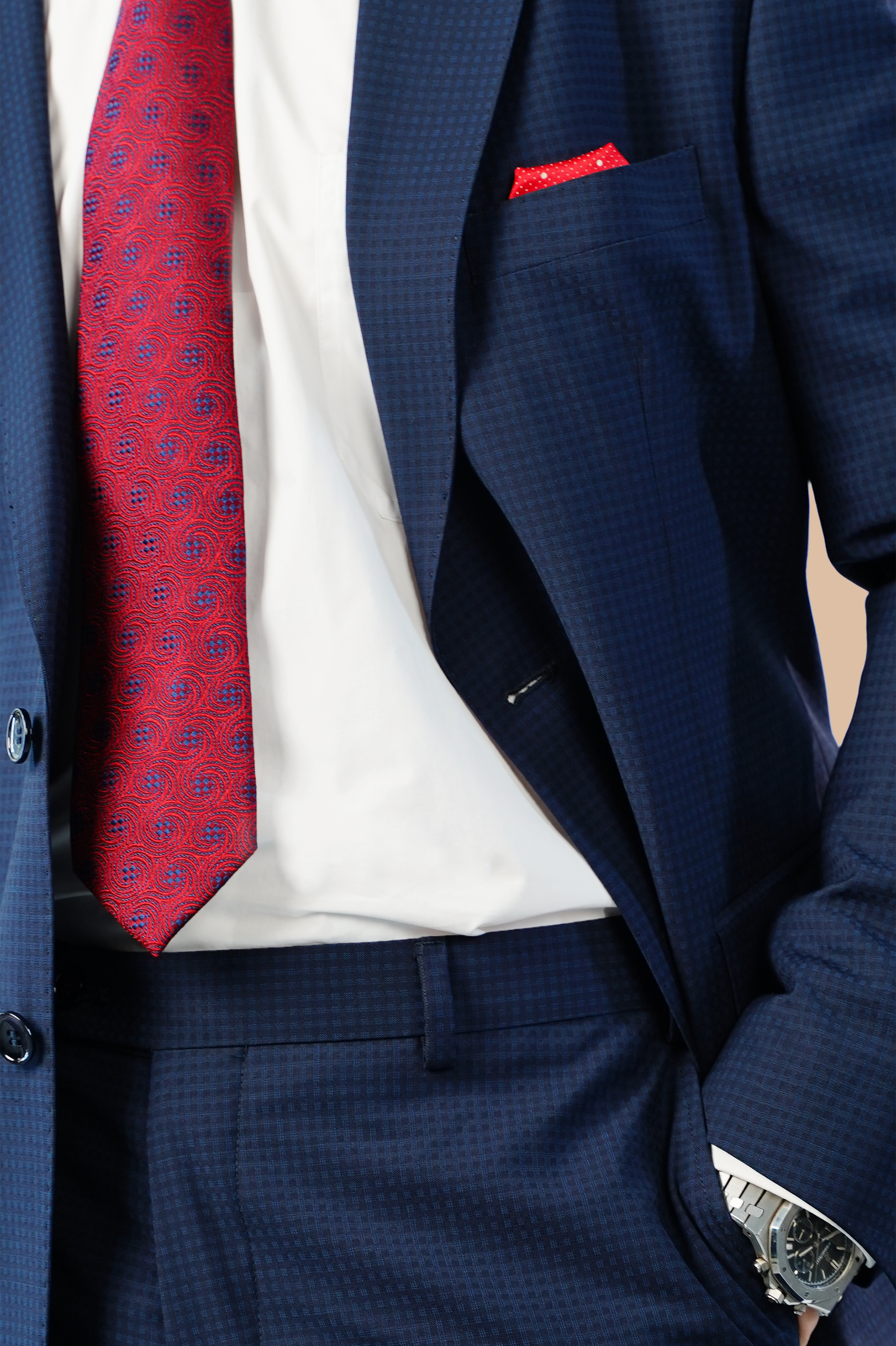 patterned navy suit