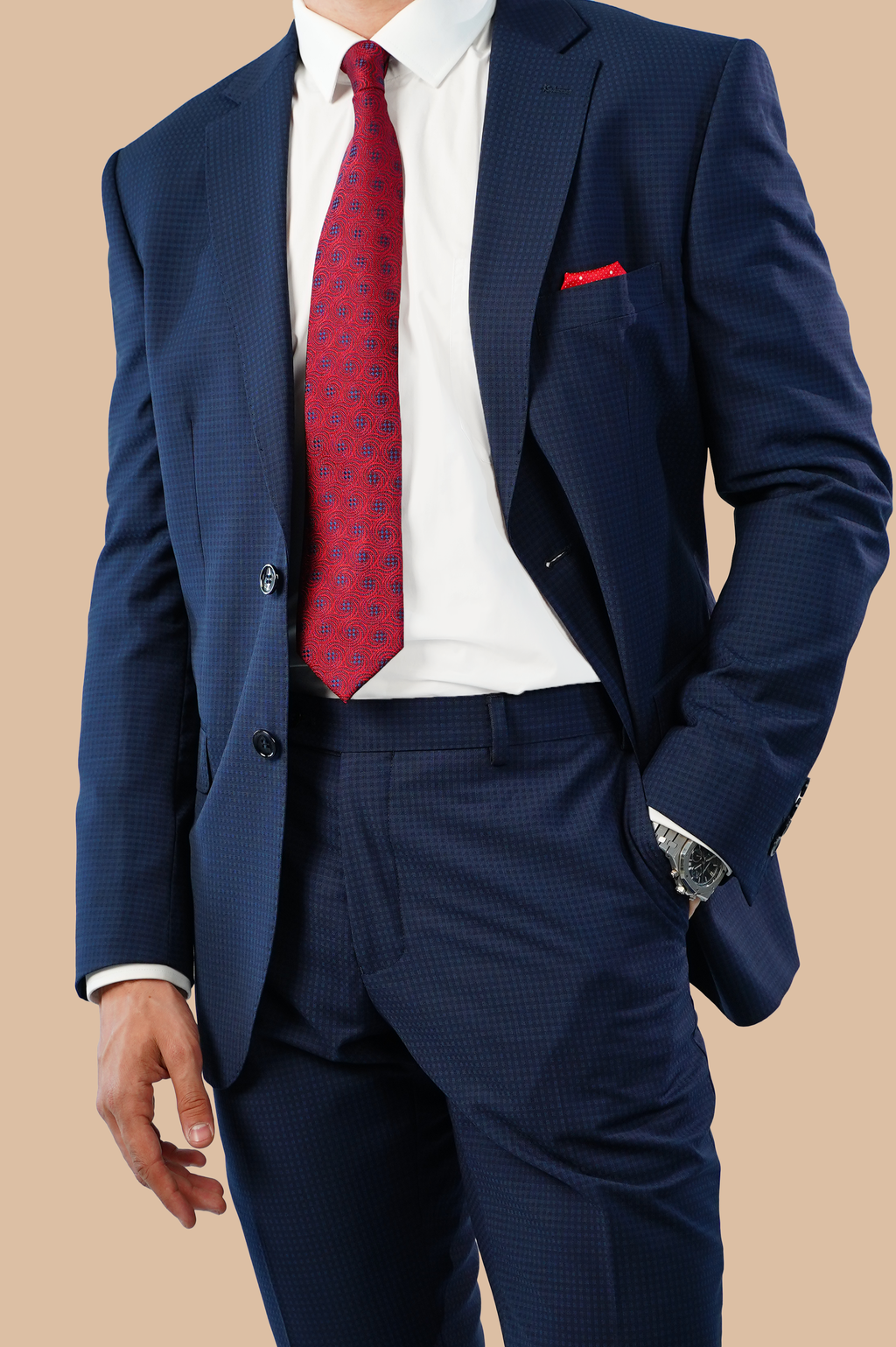 patterned navy suit