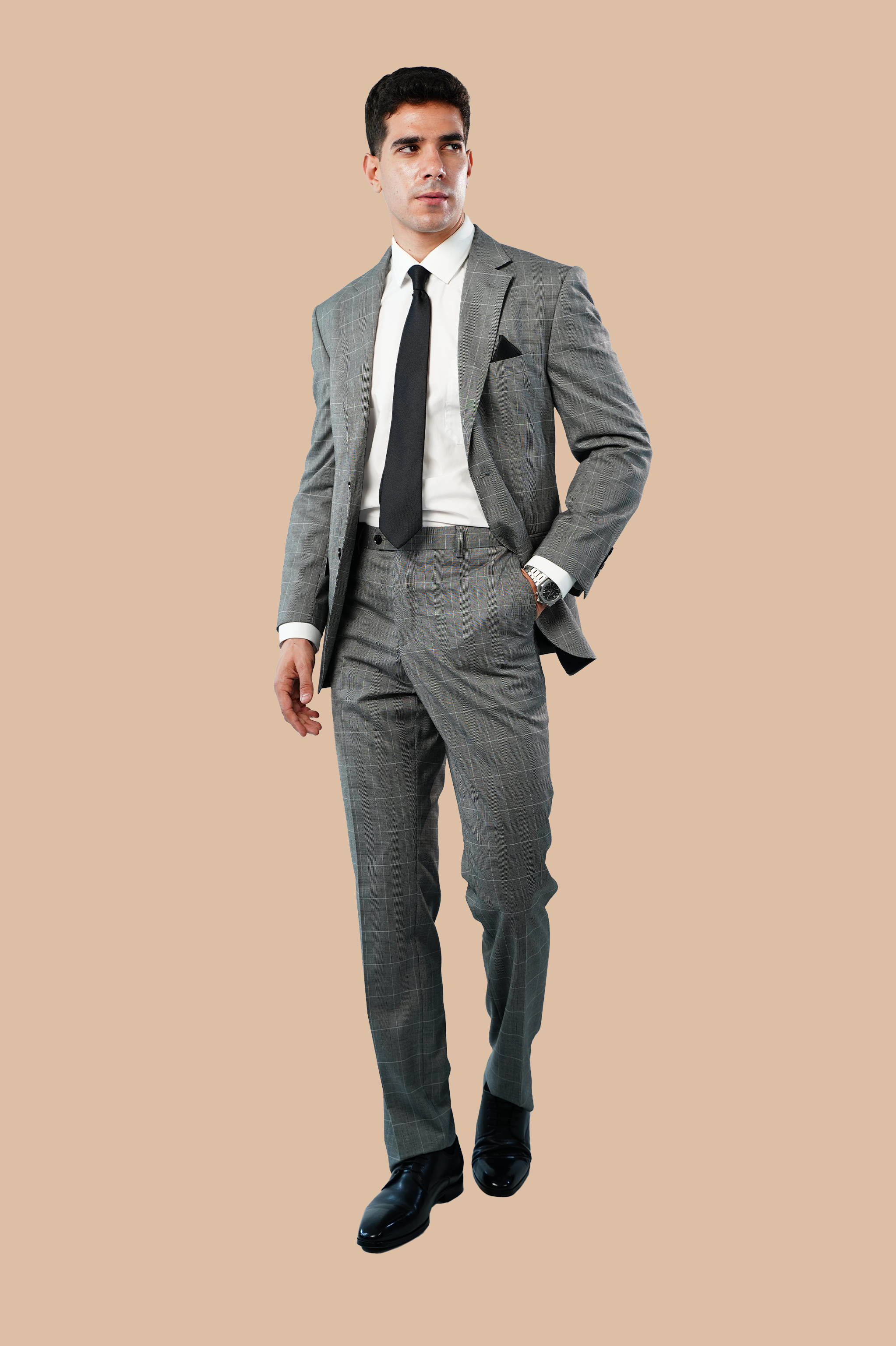checked grey suit