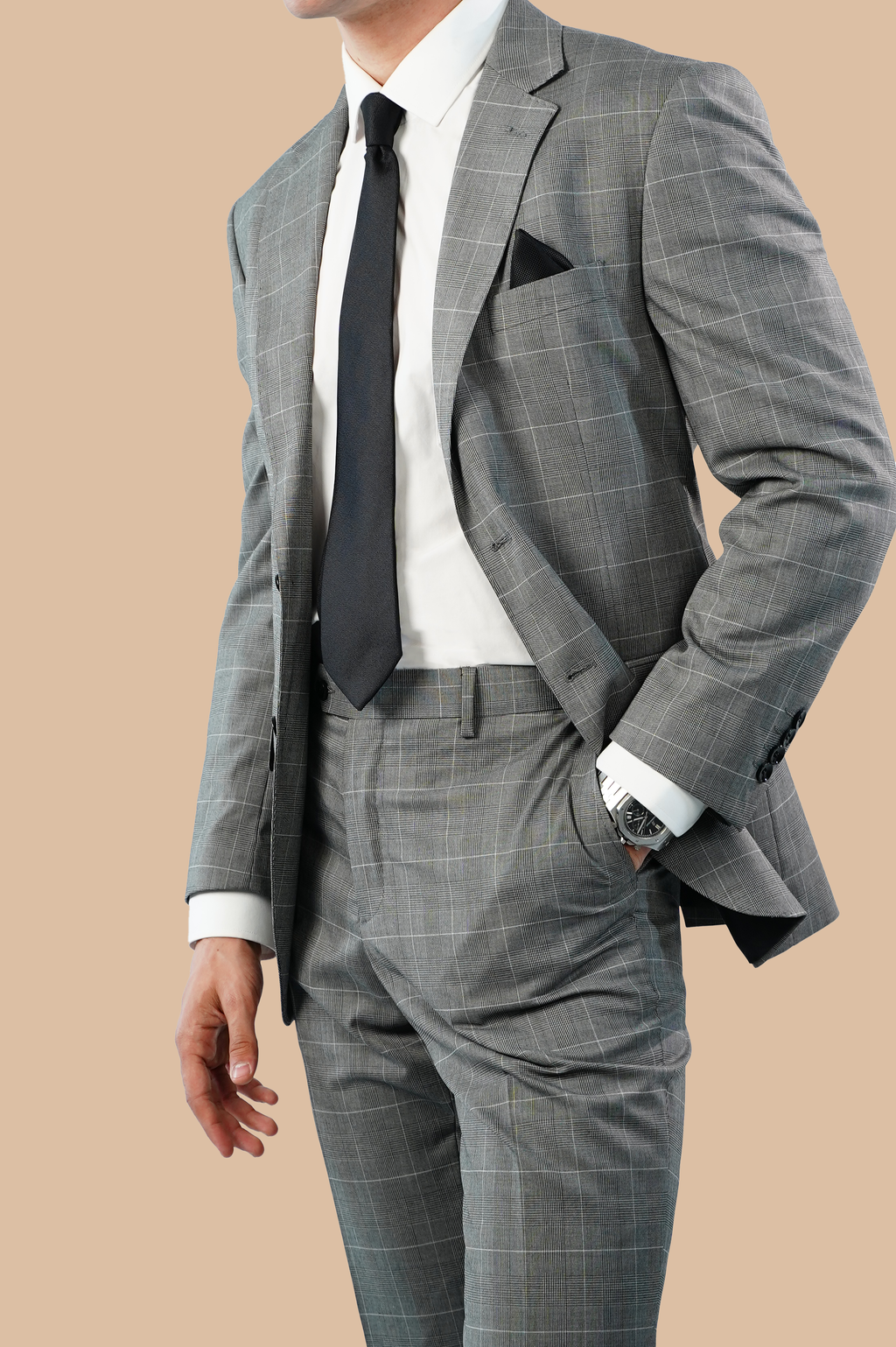 checked grey suit