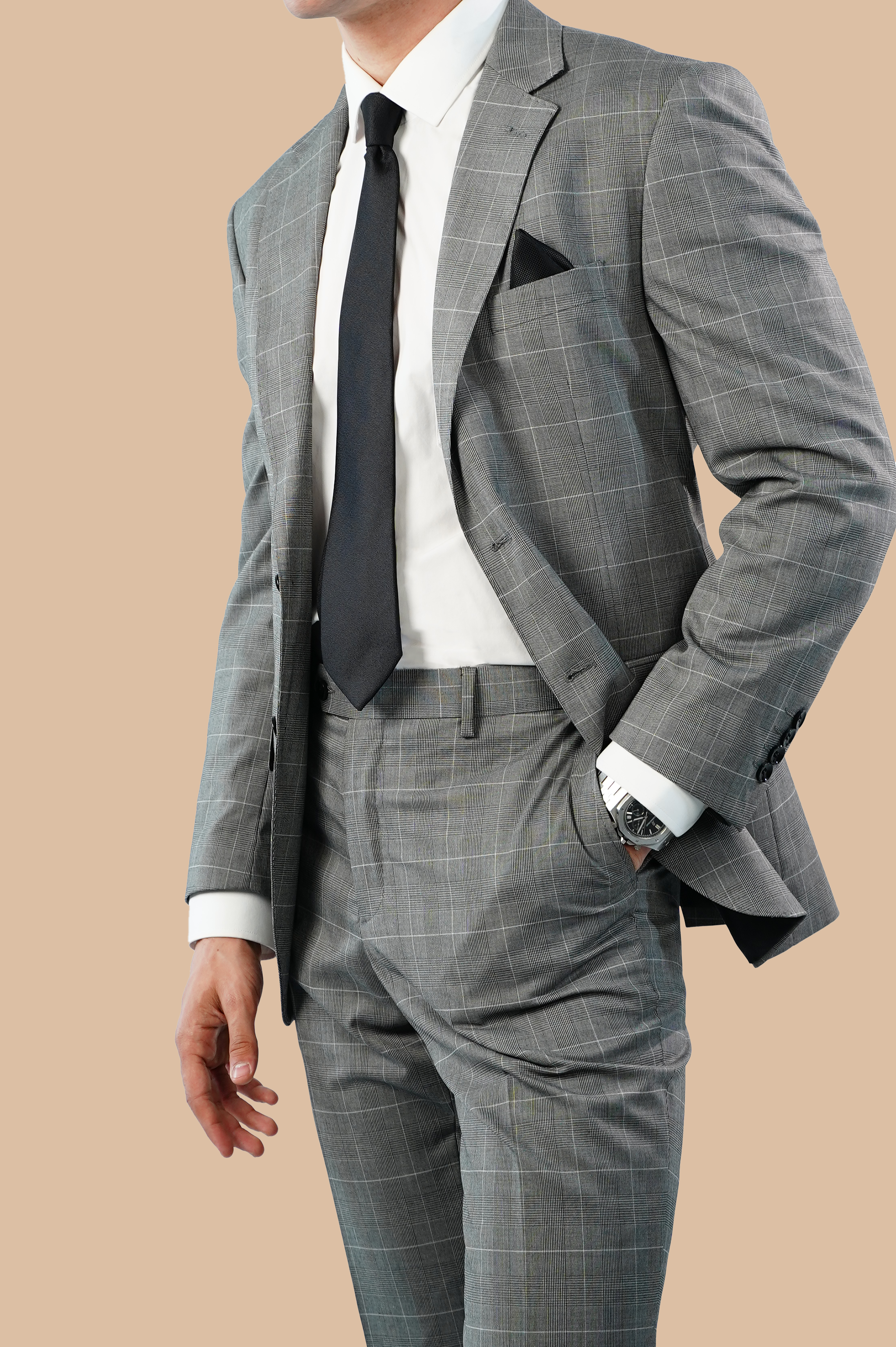 checked grey suit