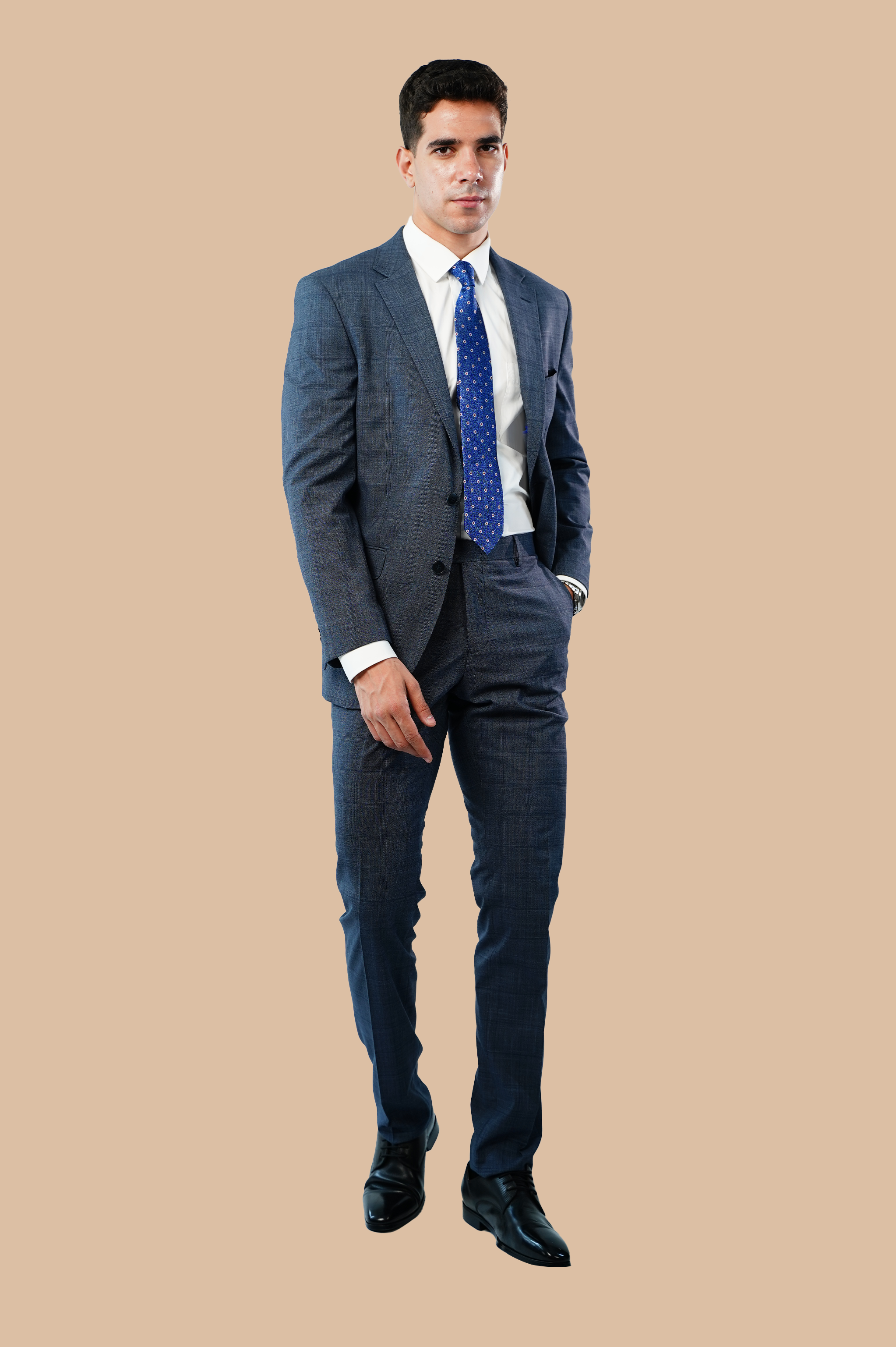 checked navy suit