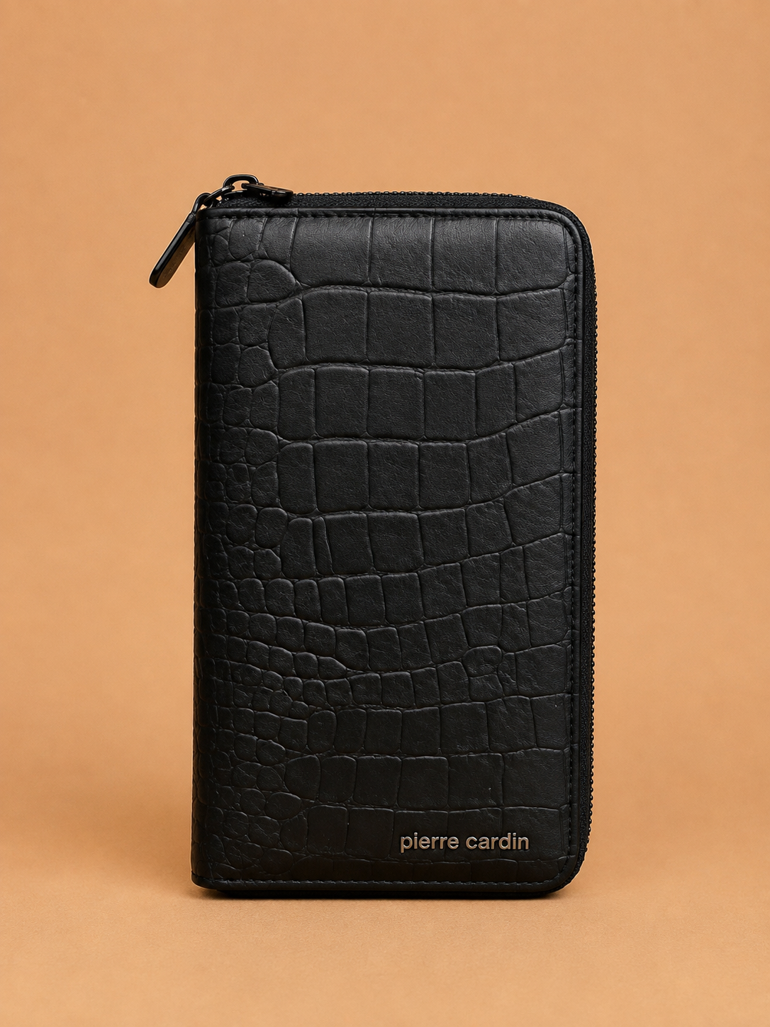 Black textured leather wristlet bag
