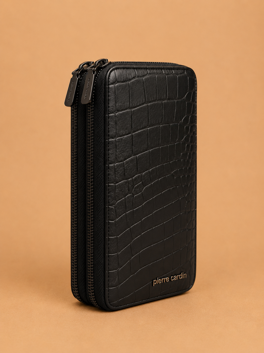 Black textured leather wristlet bag